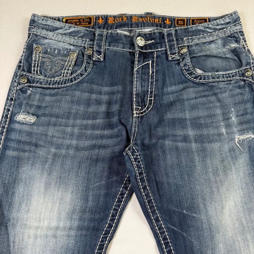 Rock Revival Jeans Mens 36 (fits 37x28) Blue Aaron Bootcut Distressed Moto Y2K